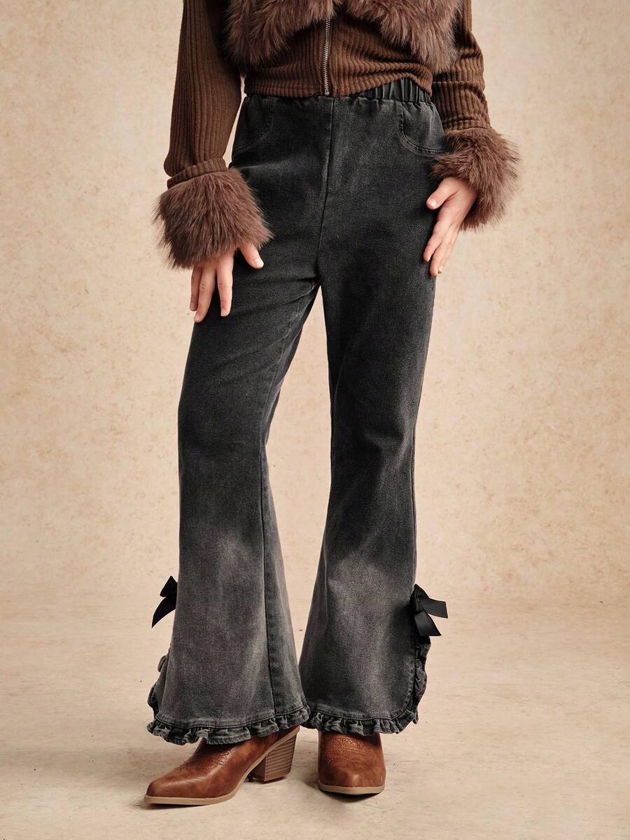 Tween Girls Fashion Ombre Flared Jeans With Bowknot & Ruffle Hem, Casual Loose Straight Leg Elastic Waist Denim Pants For Autumn/Winter - Black - View 1