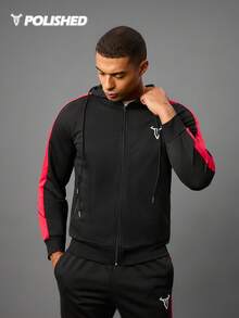 Manfinity Sport Corelite Men's Casual Graphic Print Contrast Side Seam Zip-Up Drawstring Hoodie And Sweatpants Set Gym Suits Men Sports Sets Gym Set Workout Set - Black - View 5