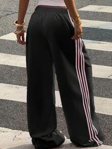 SHEIN EZwear Women's Casual Extra Long Black Sweatpants Featuring Pink Striped Side Detail And Knitted Fabric Streetwear Pants Oversized Pants Wide Pants Y2k Pants Loose Pants,Fall,Fall Clothes For Women,Winter Clothes For Women - Black - View 2