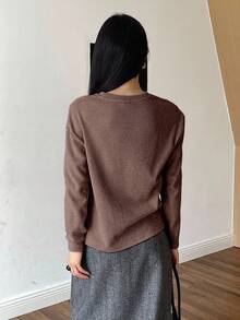 Livesso 女士休闲宽松拼色长袖T恤，适合办公室、通勤、秋冬季 - 巧克力棕 - 查看 2
