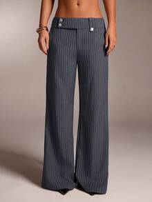 SHEIN Forever 21 女士休闲条纹印花低腰宽松喇叭裤，适合上班和通勤 - 深灰色 - 查看 4