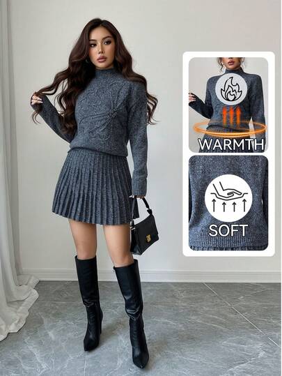 Firerie Women's Floral Print Solid Color Crew Neck Long Sleeve Sweater And A-Line Pleated Skirt Set, Sweater And Skirt Set, Long Sleeve Short Skirt Set, Sweater Set, Elegant, Commuter, Casual, Daily, Minimalist, Suitable For Spring, Autumn And Winter,Cozy Fall And Winter Clothes For Women