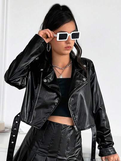 SHEIN X Jwoww Tonårsflickor svart enfärgad bikerjacka i konstläder, avslappnad vindtät mångsidig kort modell, vinter