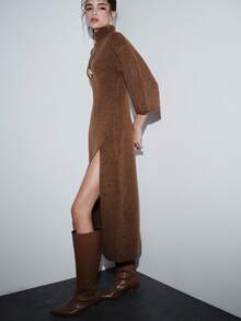 Lumivelle 女式优雅高领半袖开衩毛衣裙，秋冬