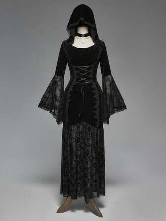 Gothic Vintage Vampire Hooded Flare Sleeve Velvet Patchwork Lace Dress