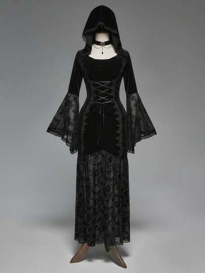 Goth Gothic Vintage Vampire Hooded Flare Sleeve Velvet Patchwork Lace Dress