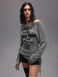 ROMWE Grunge Punk Kpop浪漫朋克风十字架字母印花露肩长袖T恤女款 - 灰色 - 查看 9