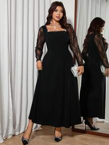 Modelyn 加大码黑色蕾丝长袖水钻装饰修身优雅连衣裙，适合外出约会 - 黑色 - 查看 1