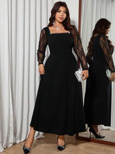 Modelyn Plus Size Black Lace Long Sleeve Rhinestone Embellished Fitted Elegant Dress For Going Out And Dates