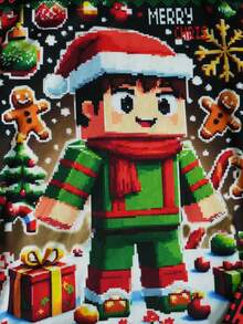 2件套男童像素圣诞机器人印花长袖上衣和紧身裤睡衣套装 - 黑色 - 查看 6