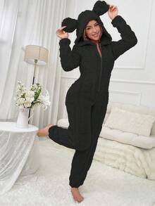 SHEIN Women's Solid Color Minimalist Long Sleeve Fluffy Cozy Winter Jumpsuit, Everyday Wear - Black - View 6