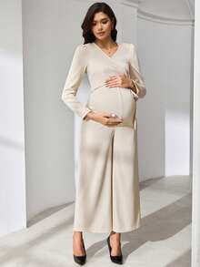 MaterniWear Elegant Maternity Solid Color Tie-Waist Jumpsuit For Commuting - Apricot - View 3