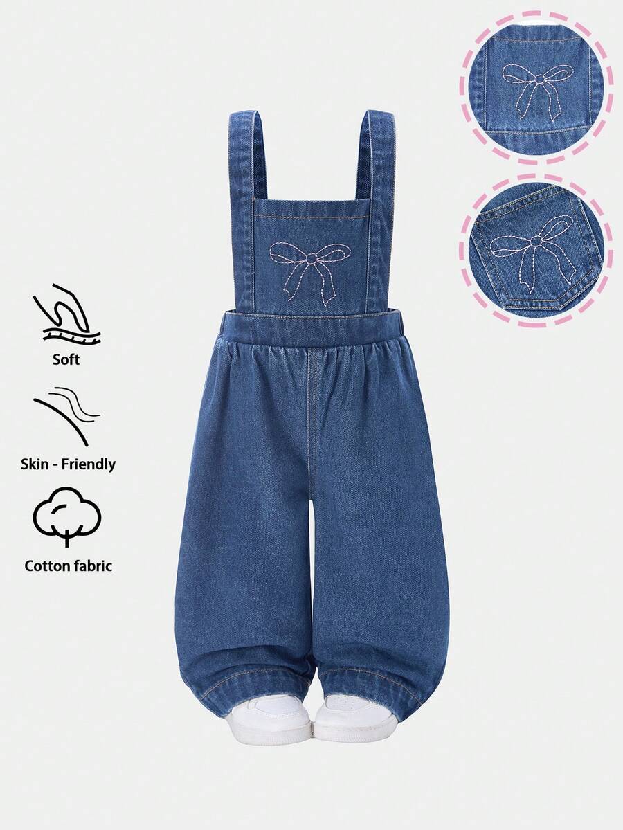 Baby Mädchen Jeans-Latzhose, lässig weite Passform mit verstellbarer Taille, Latz-Hose mit süßer Schleifenstickerei, weiches Baumwoll-Denim-Material, geeignet für Frühling, Sommer, Herbst, Winter