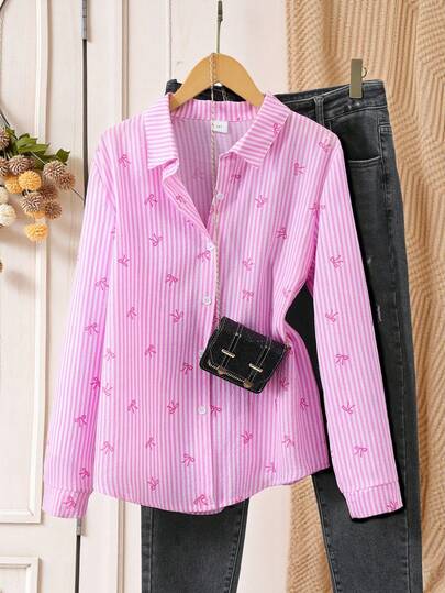 Sparklyn Klassisk skjorta med rosett och randig tryck för tonårsflickor och unga kvinnor, lämplig för vardagsbruk, kan kombineras med jeans eller kjolar och linnen