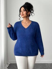 Elenzga Plus Size Women V-Neck Mink Fur Knitted Pullover Sweater Top, Winter - Navy Blue - View 3