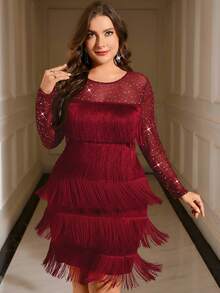 Gownix Robe à volants superposés en maille à franges, grande taille, automne/hiver - Rouge foncé - Voir 4