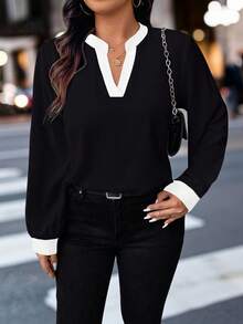 SHEIN PETITE CURVE LUNE Plus Size Solid Color Patchwork Long Sleeve Casual Shirt For Women, Autumn - Black and White - View 3