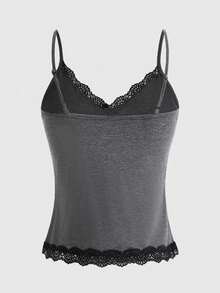 ROMWE Fairycore Women's Rhinestone Floral Pattern Contrast Lace Camisole - Grey - View 4