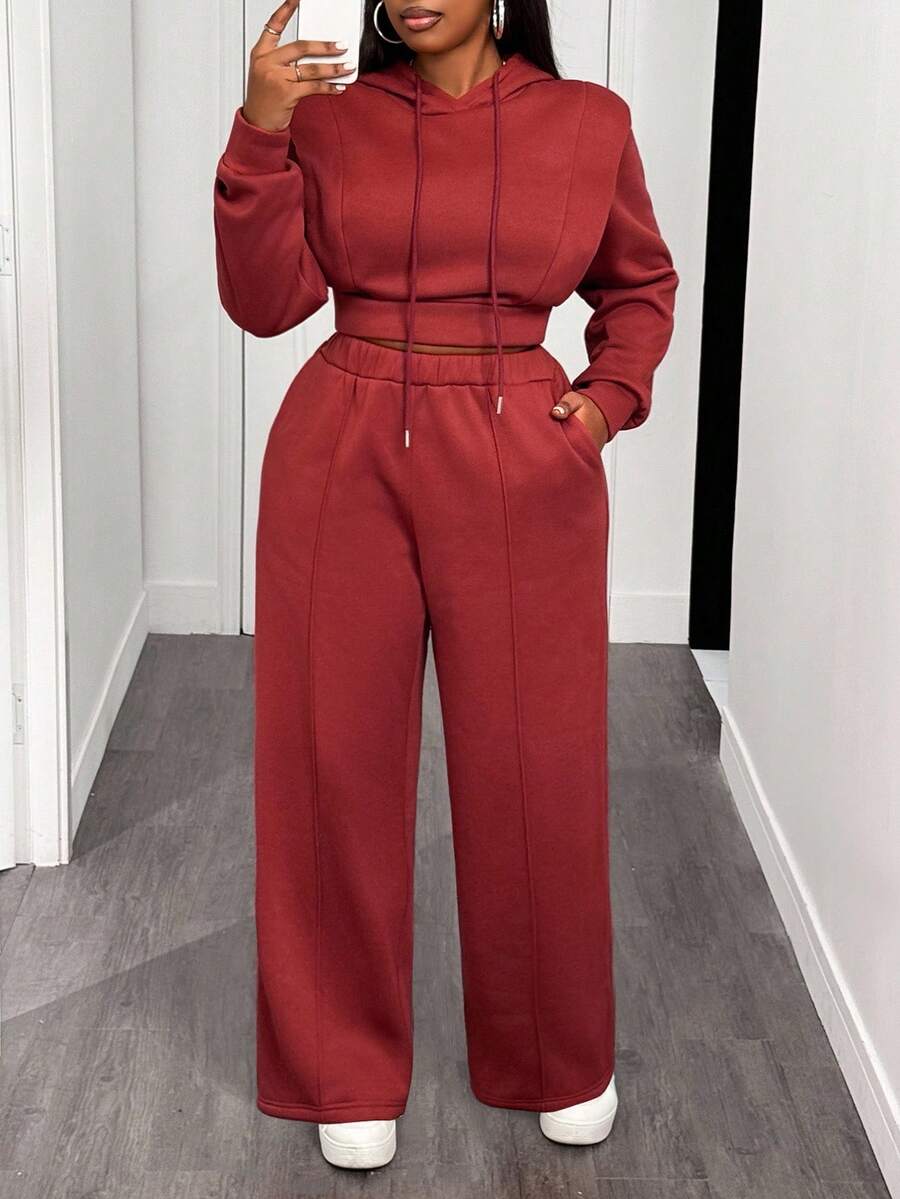 Slaydiva Bộ đồ 2 món thu đông 2025 dành cho nữ cỡ lớn - Áo hoodie màu nâu gỉ cỡ lớn có dây rút và quần ống loe, phong cách đường phố Y2K thích hợp mặc đi học, đi làm, tiệc tùng, thường ngày - Rỉ Nâu - Xem 1
