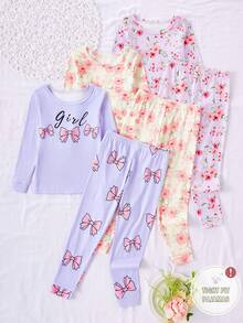 6pcs Snug Fit Long Sleeve Top And Pants Pajama Set, Comfortable Casual Loungewear For Young Girls