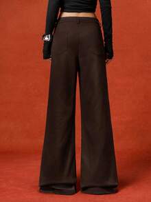 LYSMO 女士时尚系带阔腿裤，适合通勤 - 咖啡棕 - 查看 2
