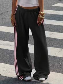 SHEIN EZwear Women's Casual Extra Long Black Sweatpants Featuring Pink Striped Side Detail And Knitted Fabric Streetwear Pants Oversized Pants Wide Pants Y2k Pants Loose Pants,Fall,Fall Clothes For Women,Winter Clothes For Women - Black - View 4