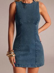 SHEIN Forever 21 Đầm denim ngắn ôm dáng mùa hè cho nữ, màu xanh nhạt, chất liệu denim mài, đầm denim mùa hè, đầm đi biển, đầm denim thường ngày cho nữ, đầm denim dáng ôm, đầm denim không tay. - Màu xanh ngọc - Xem 5