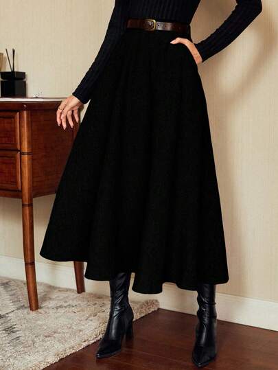 Vintamour 复古优雅女士高腰半身裙，带口袋，宽松A字裙，休闲/工作装，冬季女士感恩节半身裙，圣诞节女士半身裙，圣诞派对半身裙，圣诞新年半身裙，感恩节半身裙，节日半身裙，冬季半身裙，秋季，黑色半身裙