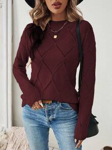 EMERY ROSE Solid Color Round Neck Casual Slim Fit Pullover Long Sleeve Sweater Burgundy Tops For Women - Burgundy - View 3