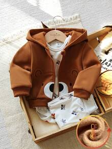 Vintaside Kids 3pcs Set: Long Sleeve Animal Print Top, Long Animal Print Pants, And Brown Hooded Embroidered Bear Long Sleeve Jacket Outfit For Toddler Boys - Multicolor - View 3