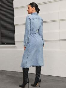 SHEIN PETITE 女式时尚休闲单排扣腰带牛仔连衣裙