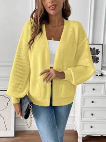 SHEIN LUNE Women's Short Cardigan With Pockets And Contrast Color - Yellow - View 4