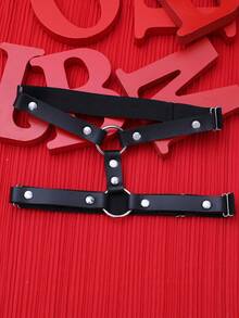 WENEZON Men's Leather Decor Ring Connector Suspenders Emo Belt Goth Belt Harness Strap Belts Y2k Punk Belt - Black - View 4