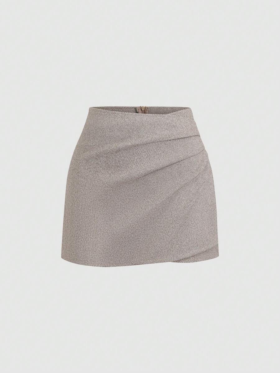 Sweetra Falda ajustado plisada de color apagado vintage, falda sexy y elegante para fiestas y uso casual para damas urbanas - Caqui - Ver 1