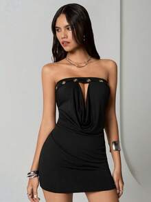 TRNVIE Black Casual Street Style Women's Grommet Decor Bustier High Street Motorcycle Buckle Plunging Draped Neck Hollow Out Bodycon Mini Dress, Suitable For Party, Valentine's Day, Carnival - Black - View 5