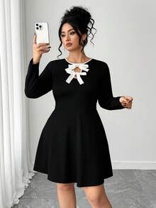 Elenzga Black Long Sleeve Dress With White Bow, Comfortable And Versatile, Suitable For Commuting And Casual Wear, Plus Size, Autumn/Winter - Black - View 3