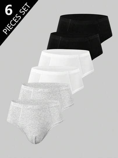 6 件/包青少年/青少年男孩基本款纯色柔软棉质休闲舒适内裤三角裤，适合所有季节