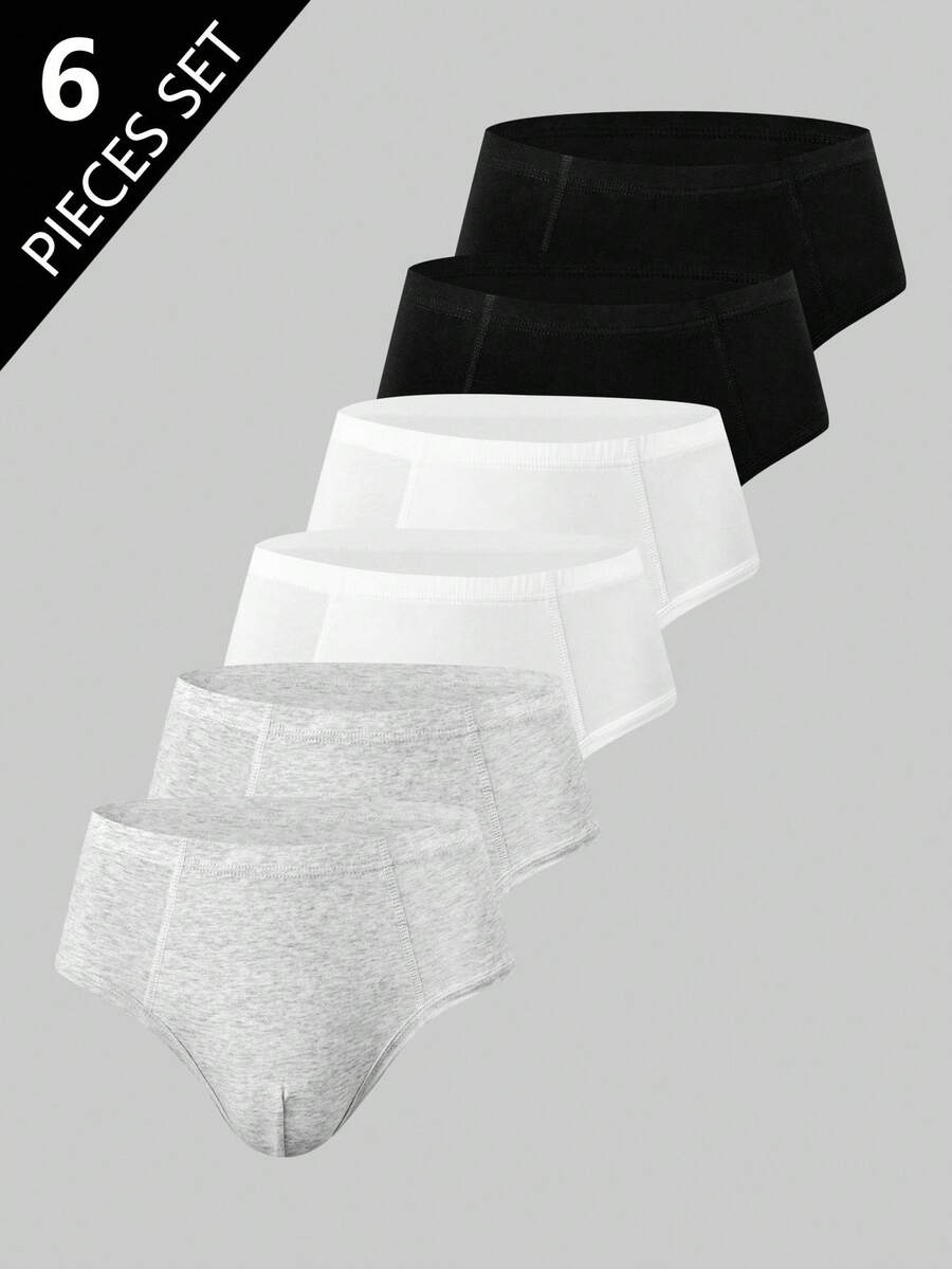 6 件/包青少年/青少年男孩基本款纯色柔软棉质休闲舒适内裤三角裤，适合所有季节