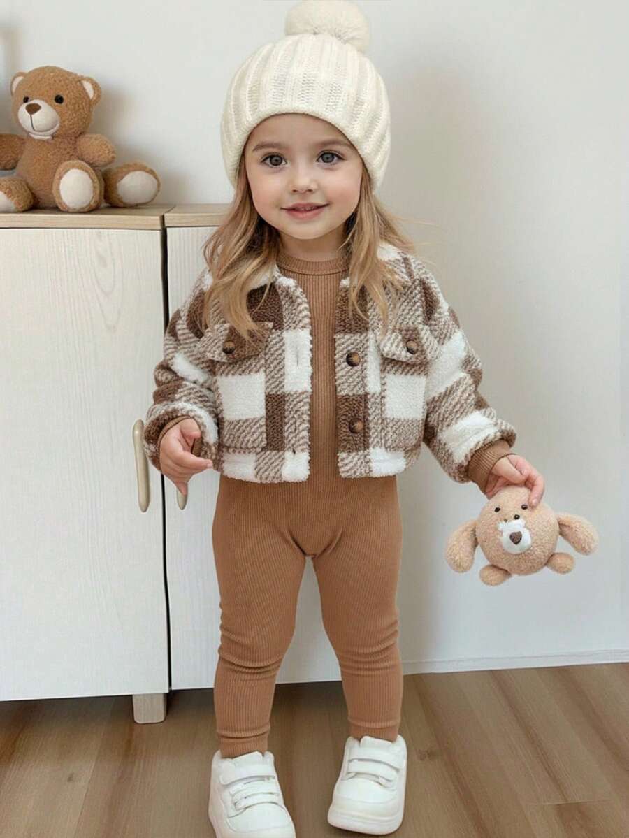 Babygirl Cute Plaid Jacket & Knitted Jumpsuit Set, Autumn/Winter