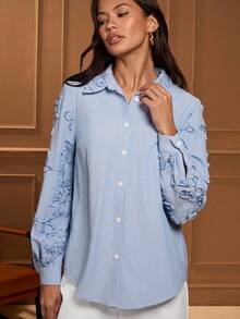 Lilora Women's Casual Commuter 3D Floral Long Sleeve Shirt Women Light Blue Top Long Sleeve Top Blue And White Striped Shirt Stripes Shirt Baby Blue Top Women Blue And White Shirt Women Blouses And Shirts Winter Clothes For Women - Blue - View 3