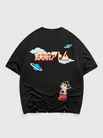 Astro Boy X ROMWE Herren lässiges Cartoon-Muster Loose Kurzarm T-Shirt, geeignet für den täglichen Gebrauch im Frühling/Sommer