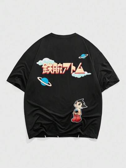 Astro Boy X ROMWE Camiseta de manga corta holgada con estampado de dibujos animados para hombre, adecuada para uso diario en primavera/verano