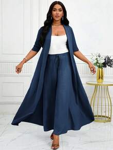 SHEIN Lady Women's Elegant, Casual, Commuting, Vacation, Simple, Solid Color Long Cardigan Jacket And Loose-Fitting Straight-Leg TrouTwo Piecespiece Set Four Seasons Modest Two Piece Set - Navy Blue - View 7