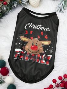 PETSIN 1pc Christmas Elk Snow Letter Printed Tank Top Black Christmas Skin Friendly Breathable Pet Clothes - Black - View 1