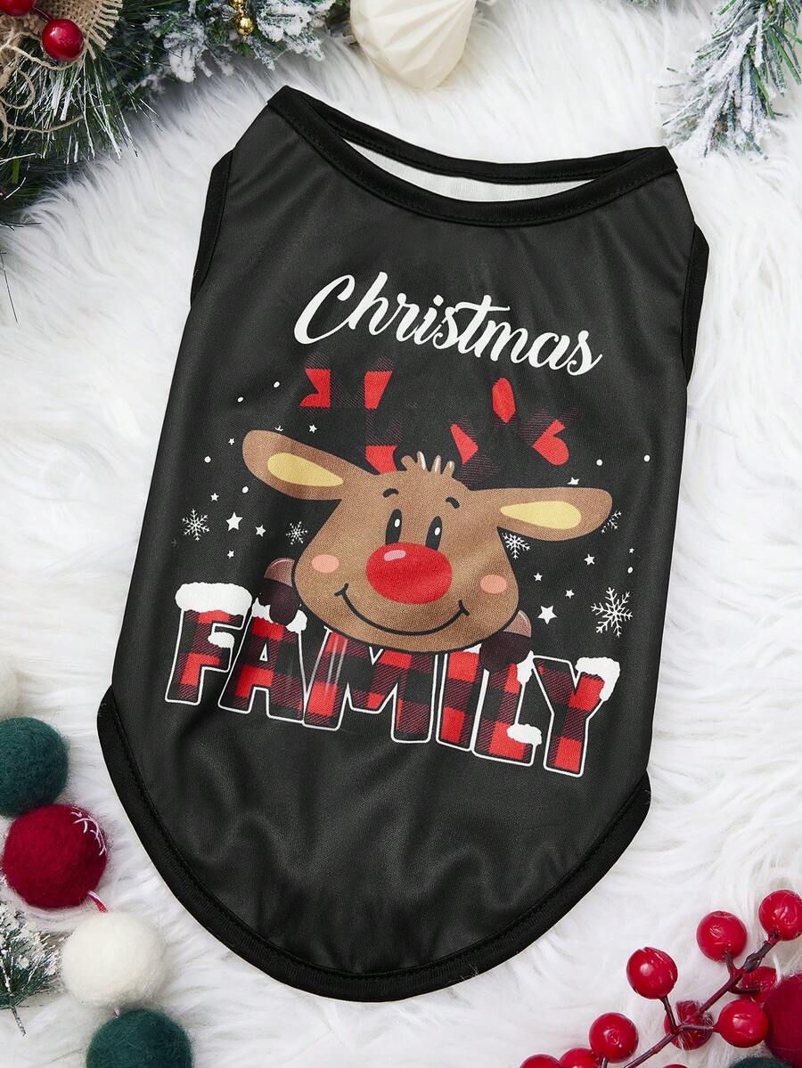 PETSIN 1pc Christmas Elk Snow Letter Printed Tank Top Black Christmas Skin Friendly Breathable Pet Clothes - Black - View 1