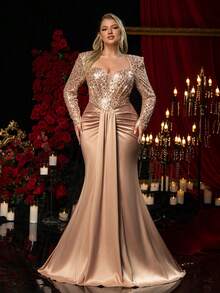 Glamrae Plus-Size Rose Gold Winter Elegant Formal Evening Prom Dress,Coffee-Brown Sequined Sweetheart Neckline Ruching Fishtail Hem Train Heavy-Work Gown - Coffee Brown - View 8