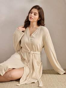 Ocili Plus Size Women's Solid Color Minimalist Long Sleeve Robe, Everyday Wear, Winter - Apricot - View 5