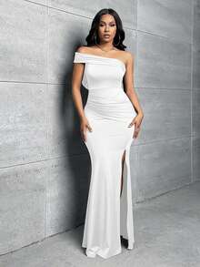 Slaydiva Vestido elegante ajustado de un solo hombro con pliegues y abertura lateral de unicolor para mujer - Blanco - Ver 7
