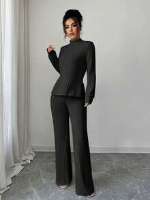 Elenzga 女士休闲长袖T恤长裤两件套，带保暖内衬，秋冬季 - 黑色 - 查看 5