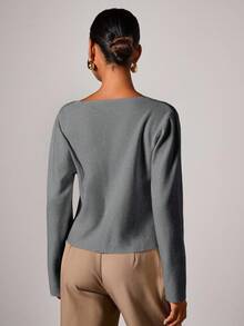 COSMINA Women's Elegant Metal Button V-Neck Cardigan Sweater, Autumn/Winter - Grey - View 2